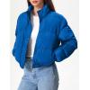 imageFlygo Womens Lightweight Quilted Jacket Long Sleeve Stand Collar Zipper Cropped Puffer Jacket Warm Winter CoatBlue