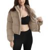 imageFlygo Womens Lightweight Quilted Jacket Long Sleeve Stand Collar Zipper Cropped Puffer Jacket Warm Winter CoatKhaki