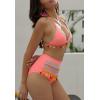 imageFlygo Womens Mesh High Waisted Bikini Set Tassel Trip Hater Neck Top SwimsuitPink