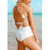 imageFlygo Womens Mesh High Waisted Bikini Set Tassel Trip Hater Neck Top SwimsuitWhite