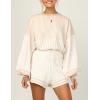 imageFlygo Womens Striped 2 Piece Knit Outfits Casual Long Puff Sleeve Pullover Sweater Shorts SetApricot
