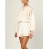 imageFlygo Womens Striped 2 Piece Knit Outfits Casual Long Puff Sleeve Pullover Sweater Shorts SetApricot