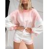 imageFlygo Womens Striped 2 Piece Knit Outfits Casual Long Puff Sleeve Pullover Sweater Shorts SetWhite