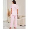 imageFlygo Womens Striped Pajama Sets Cotton Button Down Sleepwear Short Sleeve Top Long Ruffle Pants 2 Piece Pjs Loungewear SetsPink