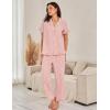 imageFlygo Womens Striped Pajama Sets Cotton Button Down Sleepwear Short Sleeve Top Long Ruffle Pants 2 Piece Pjs Loungewear SetsRed