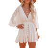 imageFlygo Womens Summer Deep V Neck Batwing Mini Dress Backless Crochet Lace Beach Boho DressWhite