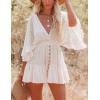 imageFlygo Womens Summer Deep V Neck Batwing Mini Dress Backless Crochet Lace Beach Boho DressWhite