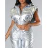 imageFlygo Womens Winter Crop Vest Metallic Quilted Down Vest Sleeveless Puffer Jacket02 Hooded Silver
