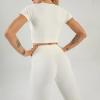 imageFlygo Workout Sets for Women 2 Piece Ribbed Seamless Crop Top High Waist Leggings Set Yoga OutfitsBeige