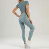 imageFlygo Workout Sets for Women 2 Piece Ribbed Seamless Crop Top High Waist Leggings Set Yoga OutfitsBlue