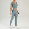 imageFlygo Workout Sets for Women 2 Piece Ribbed Seamless Crop Top High Waist Leggings Set Yoga OutfitsBlue