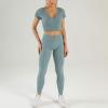 imageFlygo Workout Sets for Women 2 Piece Ribbed Seamless Crop Top High Waist Leggings Set Yoga OutfitsBlue