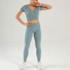 imageFlygo Workout Sets for Women 2 Piece Ribbed Seamless Crop Top High Waist Leggings Set Yoga OutfitsBlue