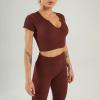 imageFlygo Workout Sets for Women 2 Piece Ribbed Seamless Crop Top High Waist Leggings Set Yoga OutfitsCoffee