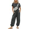 imageFlygo One Piece Jumpsuits for Women Crewneck Short Sleeve Casual Wide Leg Long Pants Drawstring Rompers Outfits with PocketsDarkgrey