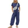 imageFlygo One Piece Jumpsuits for Women Crewneck Short Sleeve Casual Wide Leg Long Pants Drawstring Rompers Outfits with PocketsNavyblue