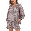 imageFlygo Women Gingham 2 Piece Pajama Sets Y2K Plaid Ruffle Short Sets Raglan Sleeve Shirt Lounge Shorts Sleepwear with PocketsCoffee