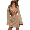 imageFlygo Womens 2 Piece Outfits Long Bell Sleeve Criss Cross Wrap Crop Top Mini Skirt SetKhaki