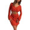 imageFlygo Womens 2 Piece Outfits Long Bell Sleeve Criss Cross Wrap Crop Top Mini Skirt SetRed