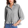 imageFlygo Womens 34 Sleeve Striped Button Down Shirts Cropped Ruffle Hem Casual Collared Drop Shoulder Cotton Blouse Summer TopsBlack