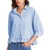 imageFlygo Womens 34 Sleeve Striped Button Down Shirts Cropped Ruffle Hem Casual Collared Drop Shoulder Cotton Blouse Summer TopsBlue
