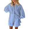 imageFlygo Womens Casual 2 Piece Outfits Puff Sleeve Button Down Blouse High Waisted Shorts SetBlue