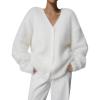 imageFlygo Womens Fuzzy Mohair Cardigan Sweaters V Neck Button Down Long Sleeve Fluffy Knit Open Front Slouchy Furry SweaterWhite