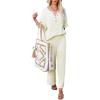 imageFlygo Womens Knit Two Piece Outfits Waffle Sweatsuit Short Sleeve Sweater Wide Leg Pants Loungewear Set BeigeXXL