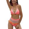 imageFlygo Womens Mesh High Waisted Bikini Set Tassel Trip Hater Neck Top SwimsuitPink