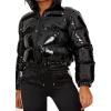 imageFlygo Womens Shiny Cropped Puffer Jacket Quilted Winter Zip Up Bubble Puffy CoatBlack