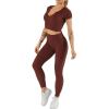 imageFlygo Workout Sets for Women 2 Piece Ribbed Seamless Crop Top High Waist Leggings Set Yoga OutfitsCoffee
