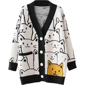 imageFlygo Cat Sweaters for Women Oversized Chunky Button Down Knit 2025 Fall Cardigan Cute Cartoon Sweater Kawaii ClothesBlack