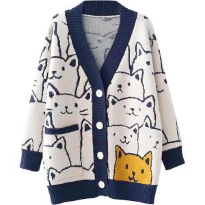 imageFlygo Cat Sweaters for Women Oversized Chunky Button Down Knit 2025 Fall Cardigan Cute Cartoon Sweater Kawaii ClothesNavy