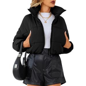 imageFlygo Cropped Puffer Jacket Womens Lightweight Long Sleeve Zip Up Winter Coats Quilted JacketsBlack