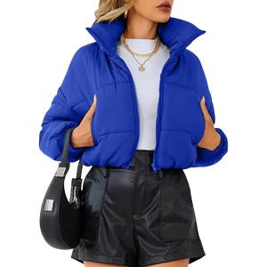 imageFlygo Cropped Puffer Jacket Womens Lightweight Long Sleeve Zip Up Winter Coats Quilted JacketsBlue