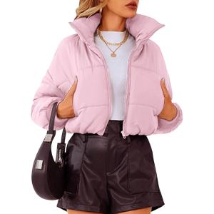 imageFlygo Cropped Puffer Jacket Womens Lightweight Long Sleeve Zip Up Winter Coats Quilted JacketsPink