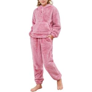 imageFlygo Girls 2 Piece Fuzzy Pants Sets Bear Ear Sweatshirt Hoodie Fleece Sweatpants Kids Fluffy Clothing Sets with PocketsPink
