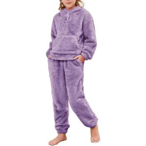imageFlygo Girls 2 Piece Fuzzy Pants Sets Bear Ear Sweatshirt Hoodie Fleece Sweatpants Kids Fluffy Clothing Sets with PocketsPurple