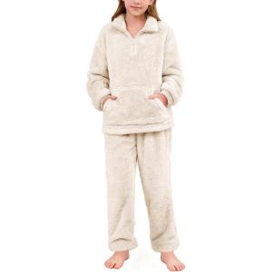 imageFlygo Girls Boys Fuzzy Pants Set Fleece Sweatsuit Flannel Fluffy 14 Zip Sweatshirt Pants Sets 2 Piece Outfits 514YearsBeige