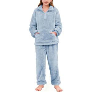 imageFlygo Girls Boys Fuzzy Pants Set Fleece Sweatsuit Flannel Fluffy 14 Zip Sweatshirt Pants Sets 2 Piece Outfits 514YearsBlue