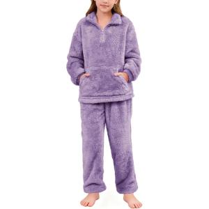 imageFlygo Girls Boys Fuzzy Pants Set Fleece Sweatsuit Flannel Fluffy 14 Zip Sweatshirt Pants Sets 2 Piece Outfits 514YearsPurple