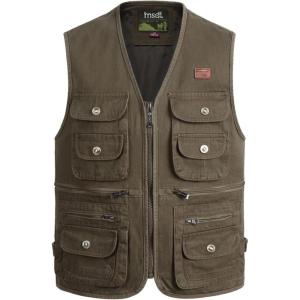 imageFlygo Mens 100 Cotton Outdoor Multiple Pockets Safari Fishing Journalist Vest Waistcoat Large Army Green