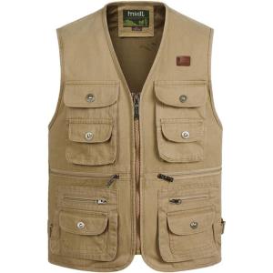 imageFlygo Mens 100 Cotton Outdoor Multiple Pockets Safari Fishing Journalist Vest Waistcoat Medium Khaki