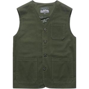 imageFlygo Mens Cotton Canvas Work Travel Vest Sleeveless JacketArmy Green