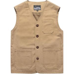 imageFlygo Mens Cotton Canvas Work Travel Vest Sleeveless JacketKhaki