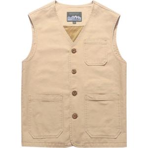 imageFlygo Mens Cotton Canvas Work Travel Vest Sleeveless JacketLight Khaki