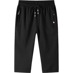 imageFlygo Mens Cotton Casual Shorts 34 Jogger Capri Pants Below Knee Cropped Pants Zipper Pockets02 Black