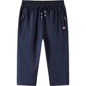 imageFlygo Mens Cotton Casual Shorts 34 Jogger Capri Pants Below Knee Cropped Pants Zipper Pockets02 Navy
