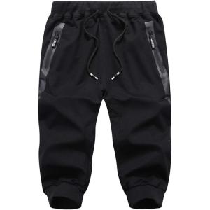 imageFlygo Mens Cotton Casual Shorts 34 Jogger Capri Pants Below Knee Cropped Pants Zipper PocketsBlack