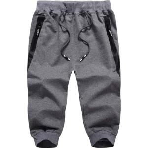 imageFlygo Mens Cotton Casual Shorts 34 Jogger Capri Pants Below Knee Cropped Pants Zipper PocketsDark Grey